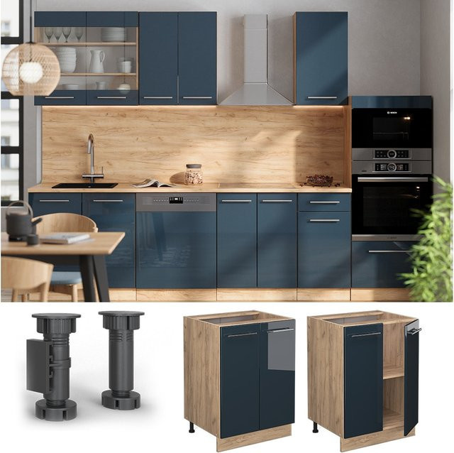 Vicco Küchenunterschrank Fame-Line in Dunkelblau Hochglanz und Eiche mit Arbeitsplatte in Anthrazit, Breite: 60 cm - Bild 3