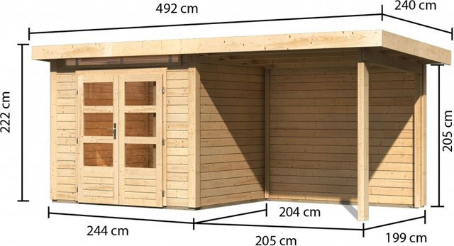 Gartenhaus Holz KANDERN 2 Flachdachhaus naturbelassen mit Anbaudach und Rückwand B/T/H: 244 x 204 cm, Wandstärke: 28 mm - Bild 1