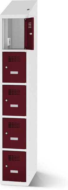 rotstahl Fächerschrank mit 5 Fächern und Ladefunktion, Farbe Bordeaux, Korpus Lichtgrau, B: 30 cm, H: 200 cm - Bild 1