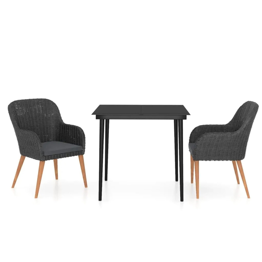 vidaXL 3-teilige Garten-Essgruppe aus PE-Rattan, Akazienholz und Stahl mit Kissen in Schwarz - Bild 2