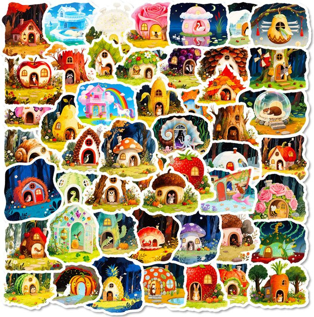 Märchenwald Tierhaus Doodle Aufkleber Set in Multicolour für Briefpapier, Notebook und Boxen (56 oder 112 Stück) - Bild 1