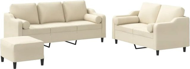 vidaXL 3-teilige Sofagarnitur mit 3-Sitzer-Sofa, 2-Sitzer-Sofa und Fußhocker in Creme mit Kissen und Armlehnen aus Stoff - Bild 1
