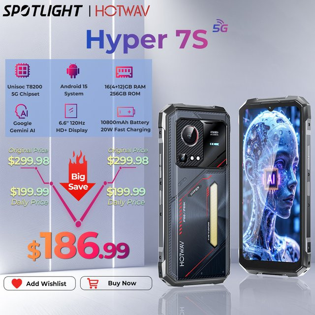 HOTWAV Hyper 7S Robustes Smartphone 5G mit Android 15, 6,6 Zoll HD+ 120Hz Display, 10800mAh Akku, 4GB RAM, 256GB Speicher, Schwarz - Bild 1