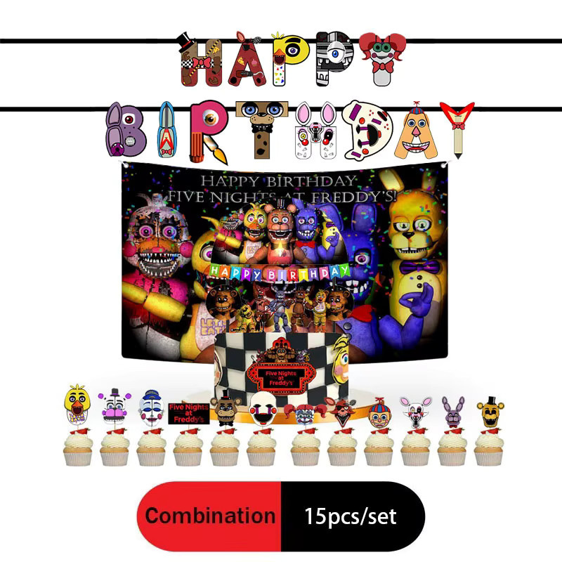 Five Nights at Freddy's Party-Set mit Hintergrund-Tortendekoration und Cupcake-Banner, mehrfarbig - Bild 4