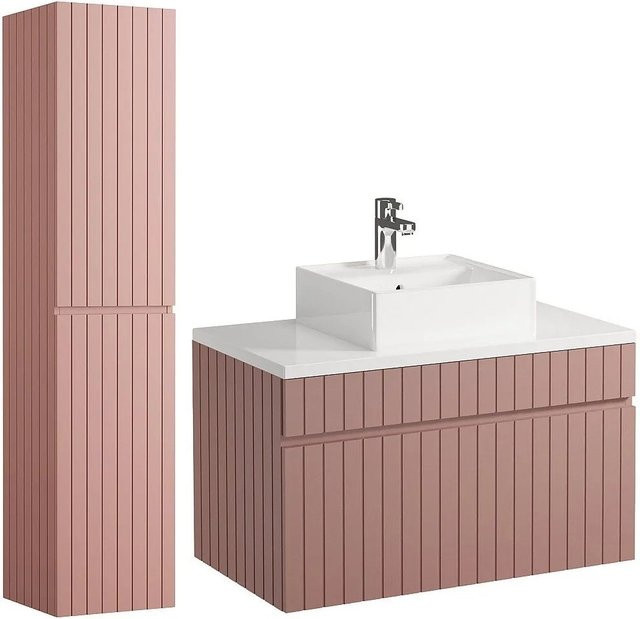 Vente-unique Badmöbel-Set Satara in Puderrosa mit Aufsatzwaschbecken und Hochschrank, matt und geriffelt, Breite: 80 cm, Tiefe: 46 cm, Höhe: 46 cm - Bild 1