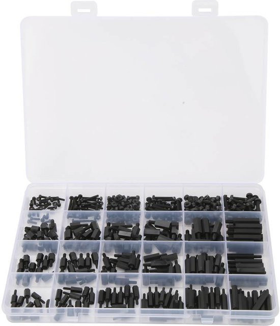 Fishine Nylon Abstandshalter Set in Schwarz mit Außengewinde, Innengewinde, Sechskant, Schrauben und Muttern, 360 Stück - Bild 1
