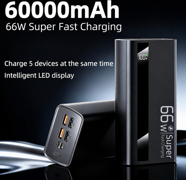 YVOER Powerbank 60000mAh mit 66W Superschnellladefunktion in Schwarz, kompatibel mit Android und iOS - Bild 1