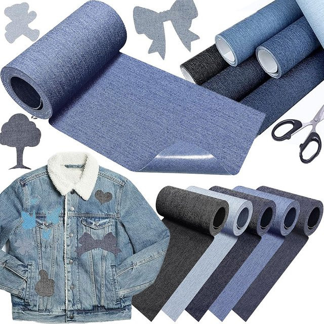 Denim-Aufnäher zum Aufbügeln aus 100 % Baumwolle in Blau, Jeans-Reparaturflicken Set, B: 51 cm x H: 8 cm - Bild 1