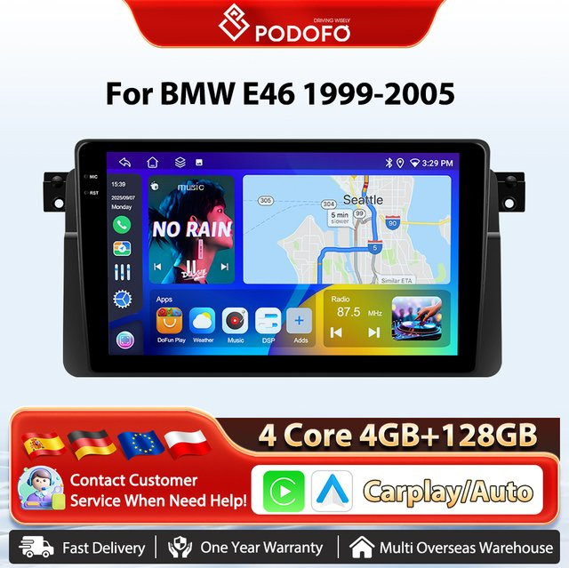 Podofo Android Auto und Apple CarPlay Multimedia-Player für BMW E46 1999-2005 mit GPS, Bluetooth und DSP EQ in Schwarz - Bild 1