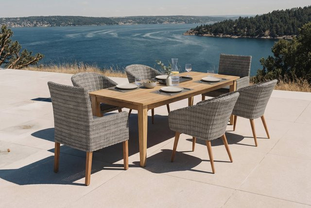 OUTFLEXX Borneo/Kota Garten-Essgruppe aus Akazie, Alu und Polyrattan in Natur/Grau-Meliert mit Tisch und 6 Stühlen, Breite: 180 cm, Tiefe: 90 cm - Bild 1