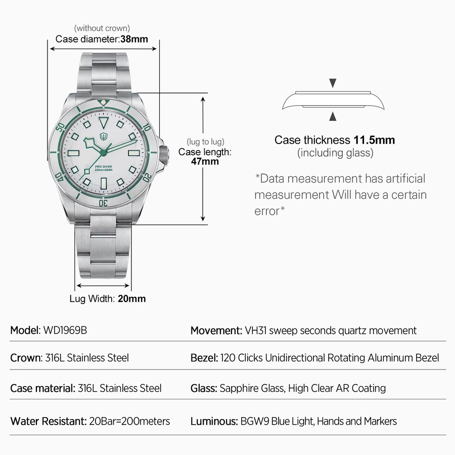 Watchdives Armbanduhr, Quarz, Edelstahl, Saphirglas, 20 ATM, Herren - Bild 5