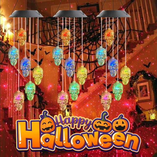 Peach Forest Solar Windspiel Halloween Goldener Schädel mit RGB LED Farbwechsel und Wasserdichtem Design für den Garten - Bild 1