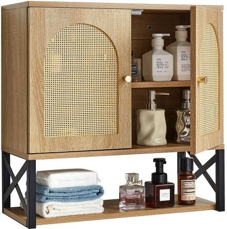 VEVOR Badezimmer Wandschrank in Braun mit 2 Türen und verstellbaren Regalen sowie offener Trennwand, Hängeschrank für Bad, Küche oder Waschküche, B/H/T: 60 x 60 x 24,9 cm - Bild 1
