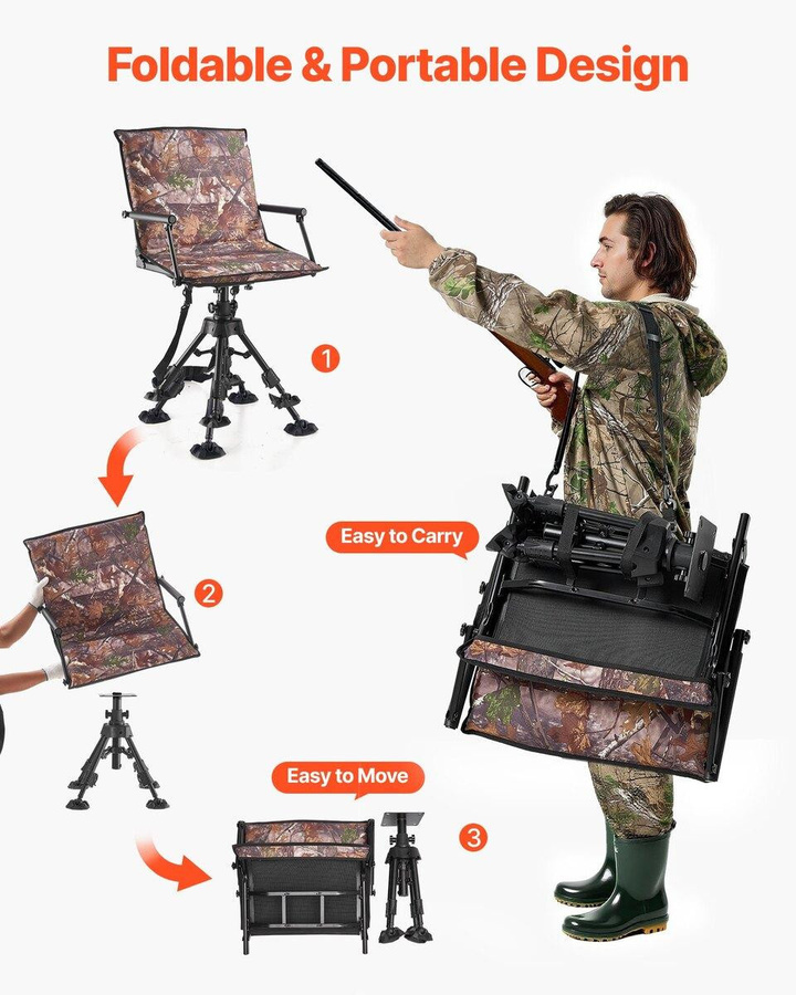 Buying Solutions MB Jagdstuhl in Tarnung, 360 Grad geräuschlos drehbar, faltbarer Jagdstuhl mit Stahlrahmen, Armlehnen und Einsinkschutz-Füßen - Bild 8