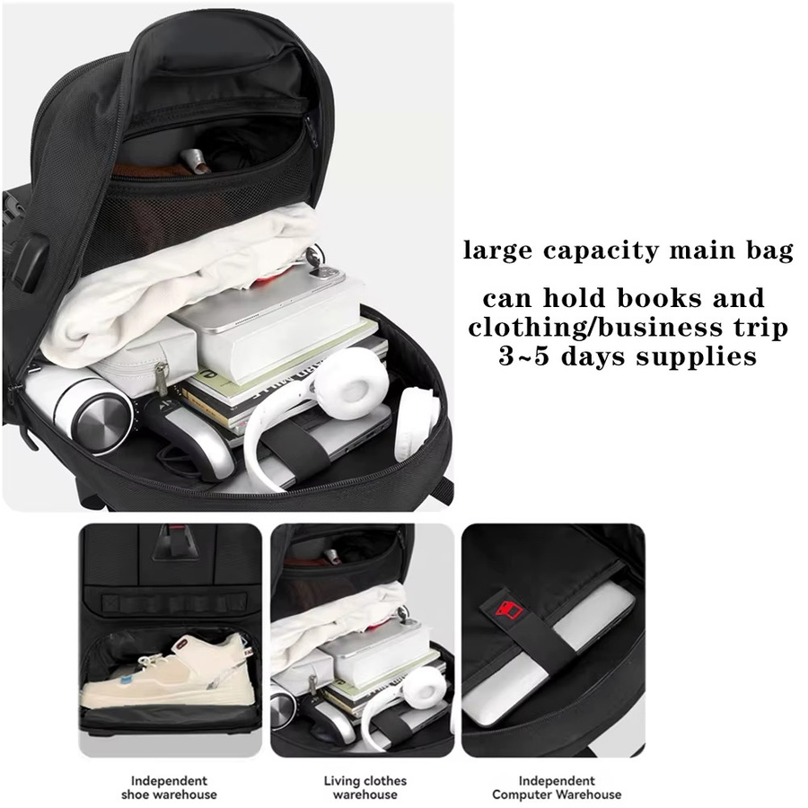 MOZHI Reise-Laptop-Rucksack mit 60L Volumen und USB-C Anschluss, erweiterbarer Business-Rucksack für Herren in Schwarz mit Schuhfach - Bild 4