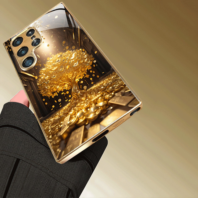 Handyhülle mit goldenem Baumbaumuster für Samsung Galaxy S26 S25 S24 S23 S22 S21 FE Ultra Plus aus galvanisierter Glas-Hartschale und TPU in Gold - Bild 1
