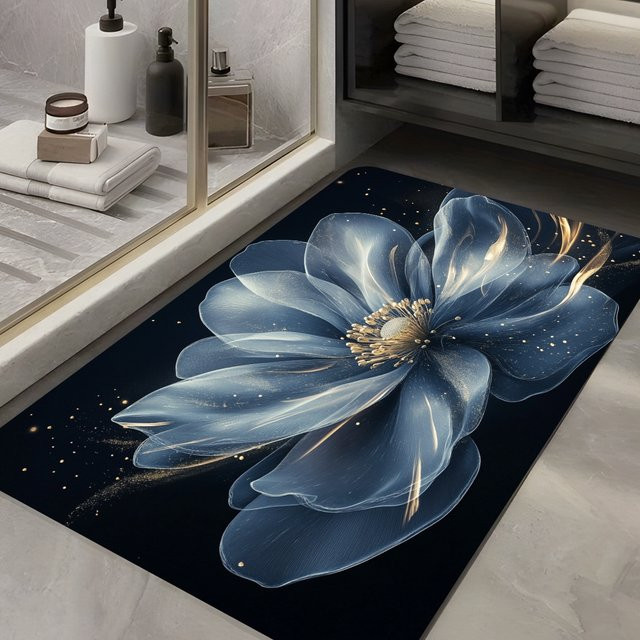 VIKAMA Badezimmer Bodenmatte mit blauem Blumenmuster, schnelltrocknend und wasserabsorbierend - Bild 1