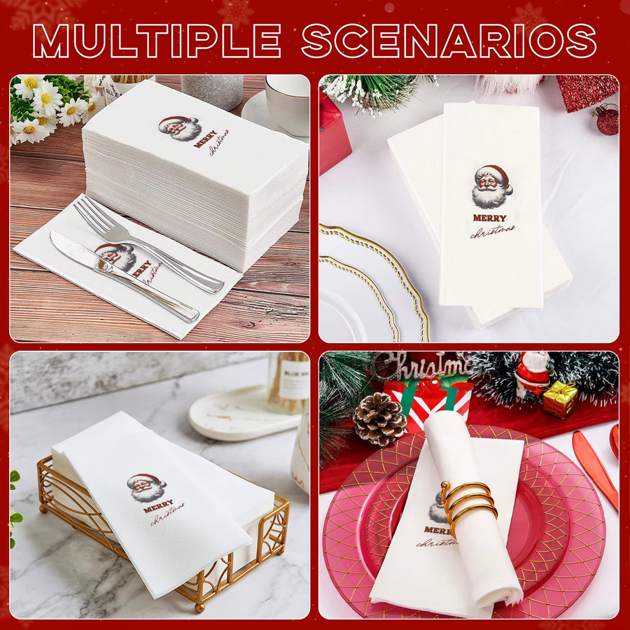 JINYUDOME Weihnachtspapierservietten in Weiß mit Weihnachtsmann- und Weihnachtsbaum-Design in Leinenoptik - Bild 4