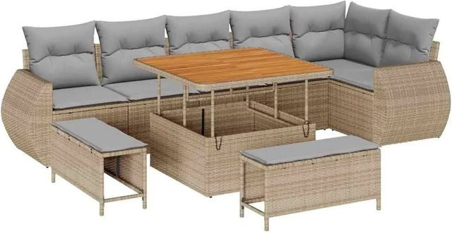 vidaXL Garten-Sofa-Set 9-tlg. in L-Form mit Kissen und Couchtisch, Beige und Hellgrau - Bild 1