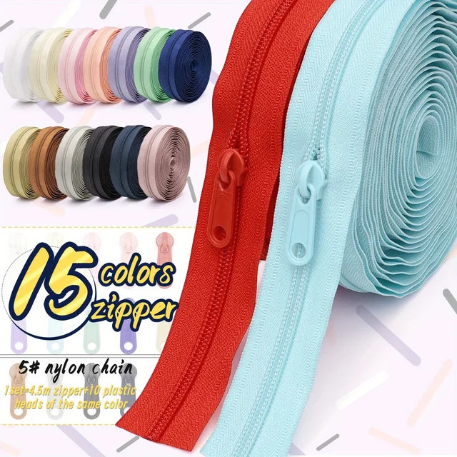 Changsons Nylon-Reißverschluss in Grün und Multicolour, Länge: 450 cm, mit 10 passenden Kunststoff-Reißverschlussköpfen für das Heimnähen - Bild 1