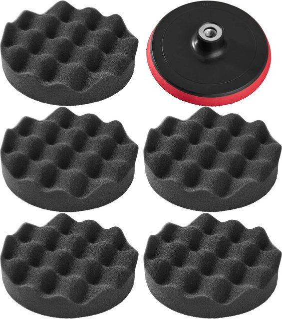 Tectake 6-teiliges Polierschwamm-Set in Schwarz mit 5 gewaffelten Polierschwämmen, Durchmesser: 15 cm, Höhe: 2 cm - Bild 1