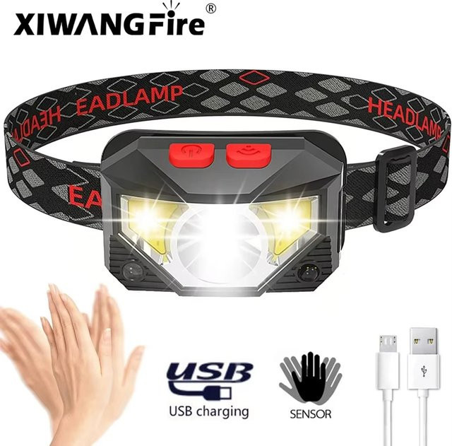 XIWANGFIRE Wiederaufladbarer LED-Scheinwerfer mit Bewegungssensor, COB- und LED-Perlen, 8 Beleuchtungsmodi in Weiß und Rot, Stirnlampe für Angeln und Sport - Bild 1