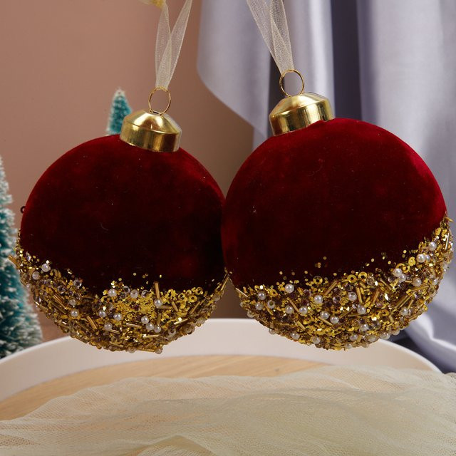 Rote Weihnachtskugeln mit Glitzer-Pailletten und Samt-Dekoration für deinen Weihnachtsbaum, Durchmesser: 7,6 cm - Bild 1