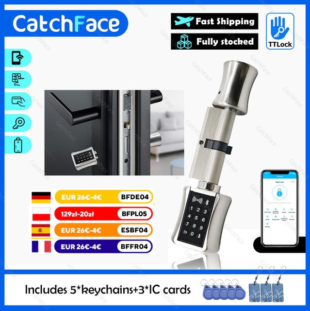 Catchface TTlock Bluetooth Smart Zylinderschloss in Silber mit WLAN-Sicherheit, App-Steuerung, Tastenfeld, Code und RFID-Karte - Bild 1