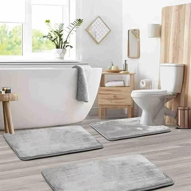 Yiran Health & Beauty Badezimmer-Bodenmatte Set aus Korallenvlies in Grau, dreiteiliges Set, saugfähig und rutschfest, Breite: 50 cm, Länge: 80 cm - Bild 1