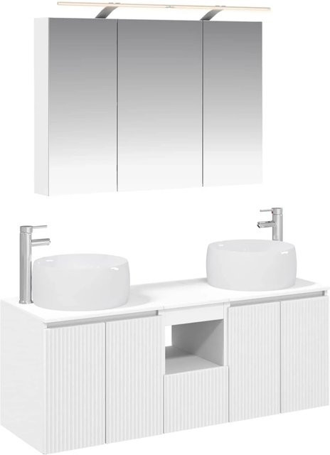 vidaXL Badezimmerschrank-Set 4-teilig modern Weiß Matt, bestehend aus Waschtischunterschrank, Spiegelschrank mit LED-Beleuchtung und Wandschränken aus MDF - Bild 1