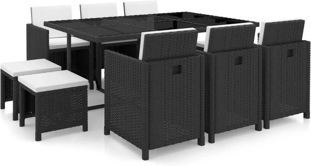 vidaXL 11-tlg Garten-Essgruppe aus Poly Rattan in Schwarz mit Glas-Tischplatte und Auflagen - Bild 1