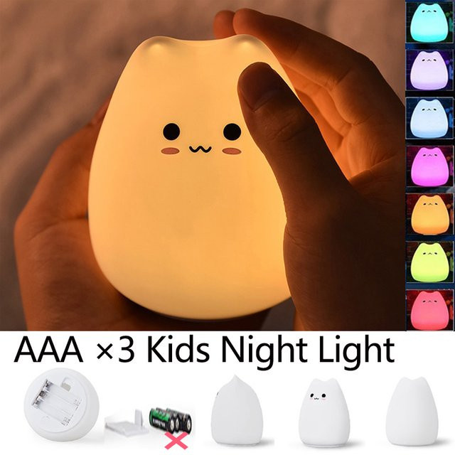 DOUWENXI LED Katzen Nachtlicht aus weichem Silikon mit Berührungssensor und 7 Farben in Weiß und Multicolour - Bild 1