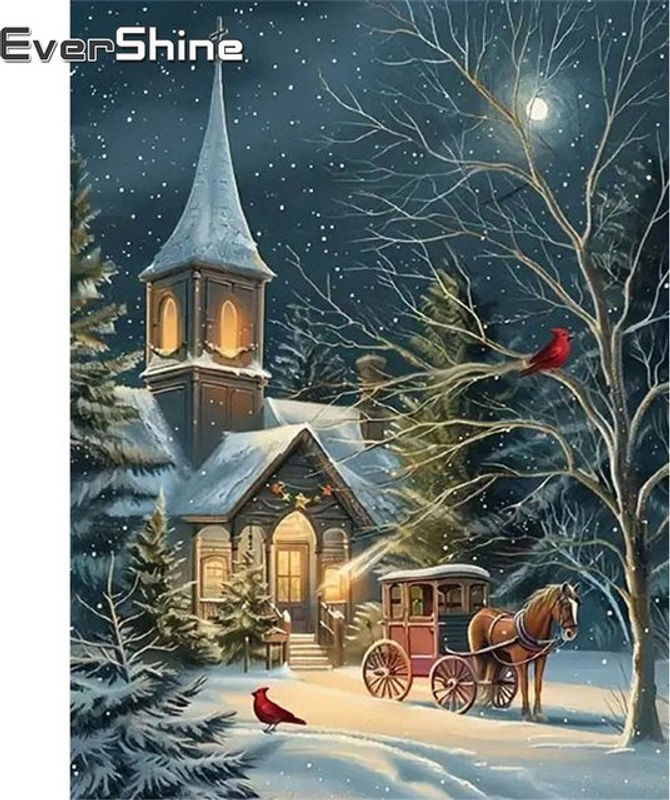Evershine Diamantmalerei Weihnachten Mosaik Set mit Winterlandschaft und Landhaus Motiv, rund, mehrfarbig - Bild 1