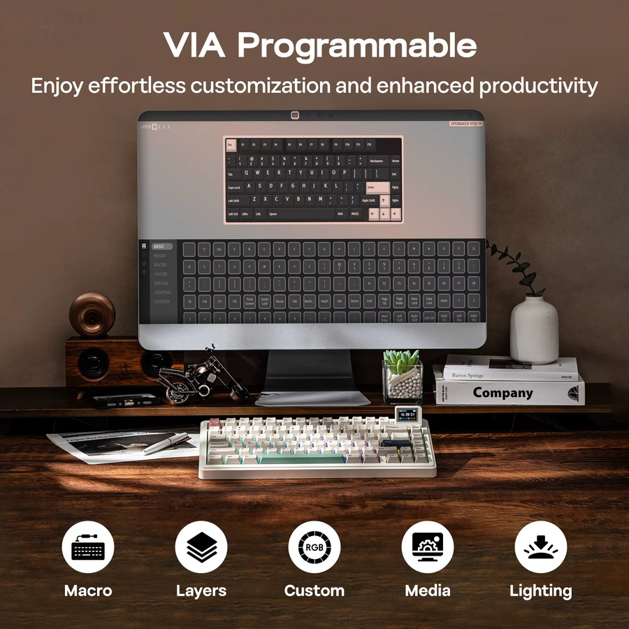 EPOMAKER RT82 Mechanische Tastatur mit LCD-Bildschirm, 75 % US-QWERTY-Layout, White, QMK/VIA, kabellos via Bluetooth oder 2,4 GHz und kabelgebunden, 4000 mAh Akku - Bild 2