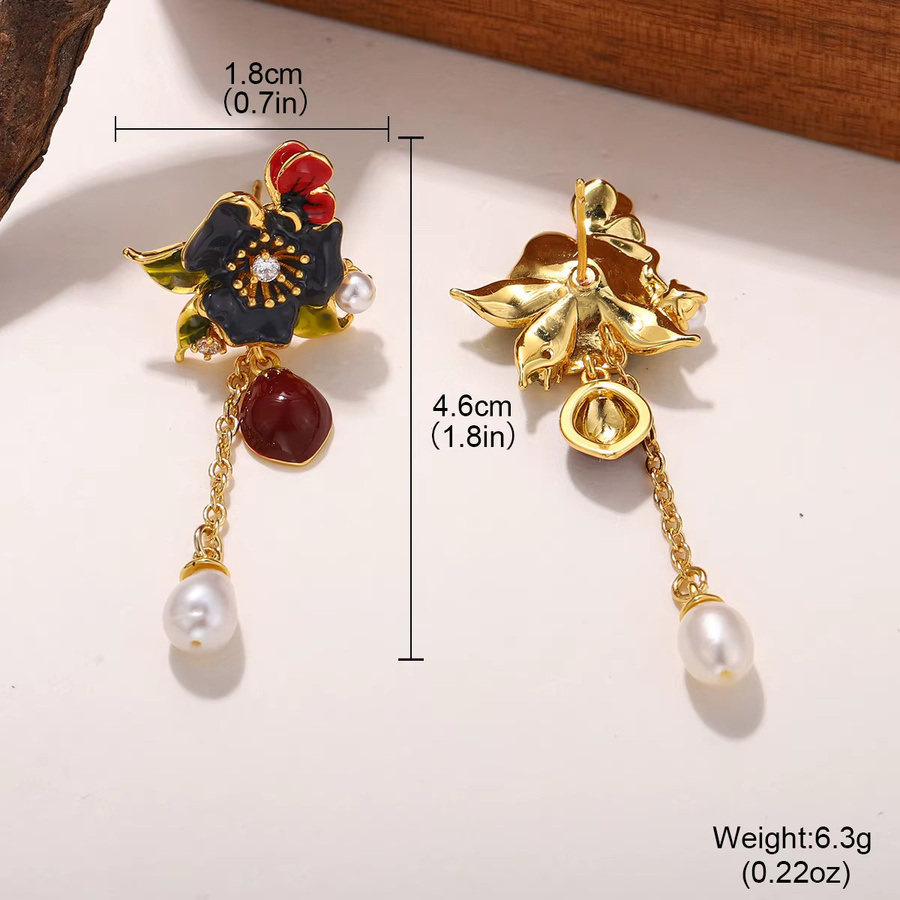 Kovonchy Ohrringe, Emaille-Blumen, Perle, roter Stein, Damen - Bild 2