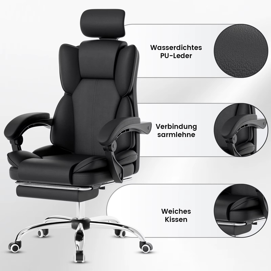 SUKIDA Gaming-Stuhl Ergonomischer Gamer-Stuhl mit Fußstütze und Kopfstütze in Beige-Schwarz aus Kunstleder - Bild 6
