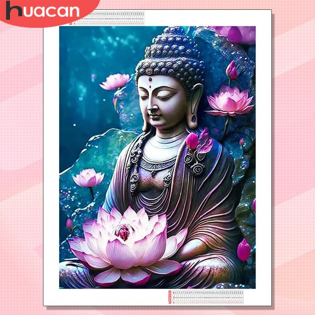 HUACAN Diamantmalerei Set Buddha Porträt mit Lotusblume in Multicolour, runde Wandkunst im orientalischen Stil, Durchmesser: 30 cm - Bild 1