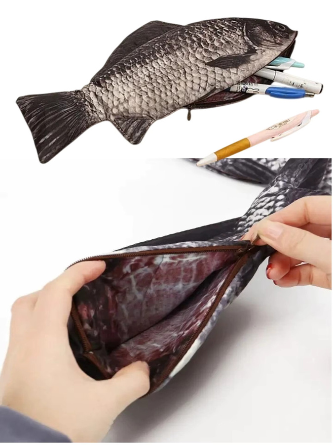Niedriges Federmäppchen mit Fisch-Design in Gelb und Multicolour, großes Fassungsvermögen, flaches Textil-Etui mit Reißverschluss - Bild 6