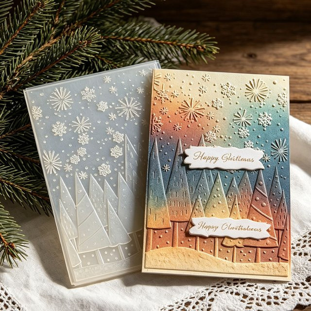 Geprägte Weihnachtsschablone mit Schneelandschaft, Kiefern- und Schneeflockenmuster aus Kunststoff für handgemachte Karten und Bastelarbeiten - Bild 1
