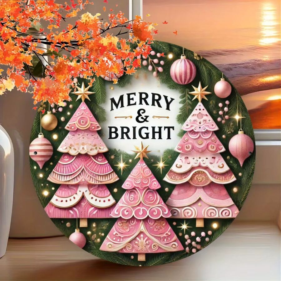 Potdemiel Metallschildkranz mit Weihnachtsmotiv in Rosa, runde Bauernhausdekoration - Bild 3