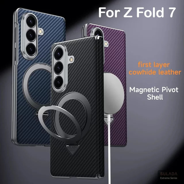 Ultra Slim Aramid Faser Muster Leder Schutzhülle mit MagSafe und Magnetischer Halterung für Samsung Galaxy Z Fold7 in Blau - Bild 1