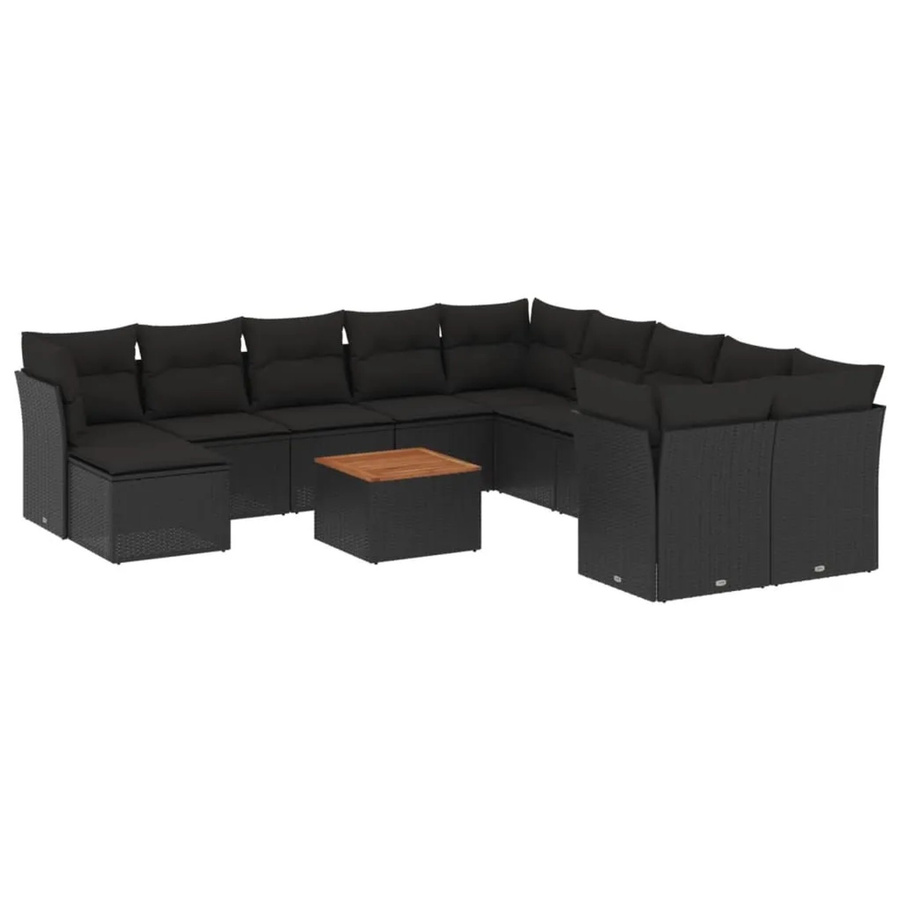 vidaXL 12-tlg Garten-Sofagarnitur in U-Form aus schwarzem PE-Rattan mit Kissen und Akazienholz - Bild 2