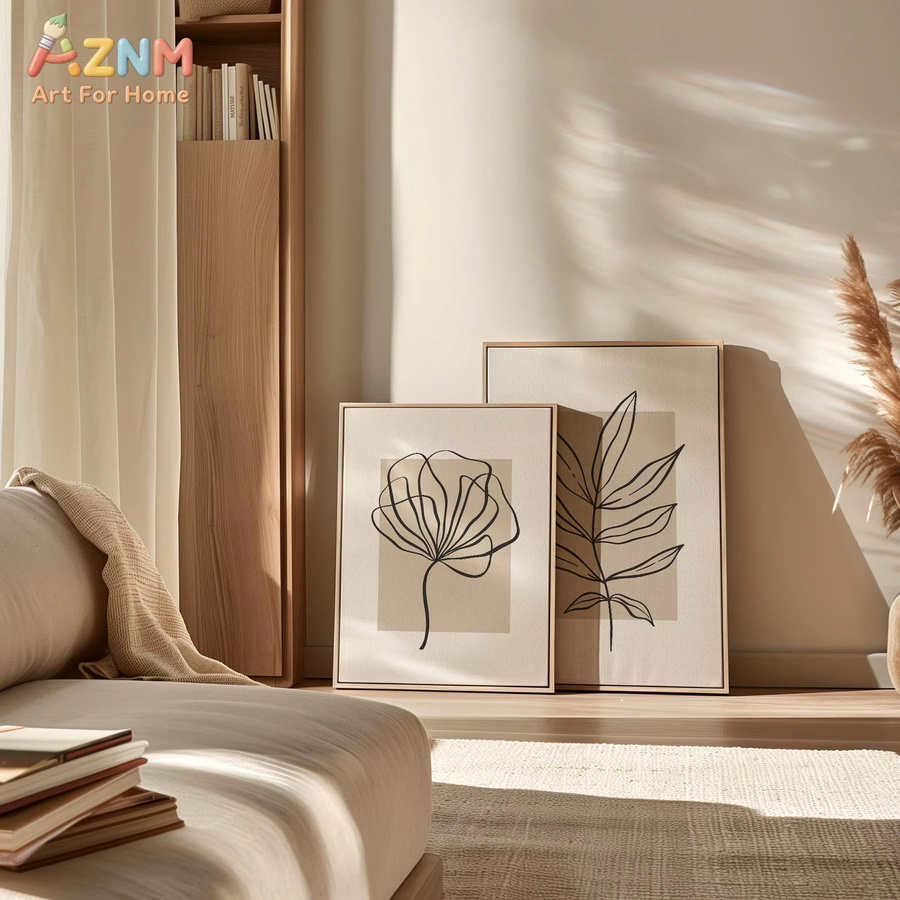 AZNM Minimalistischer Botanik-Leinwanddruck mit Linienkunst in Beige und Schwarz, ungerahmte moderne Wandkunst mit Blumen- und Blattmotiven im Boho-Stil - Bild 2