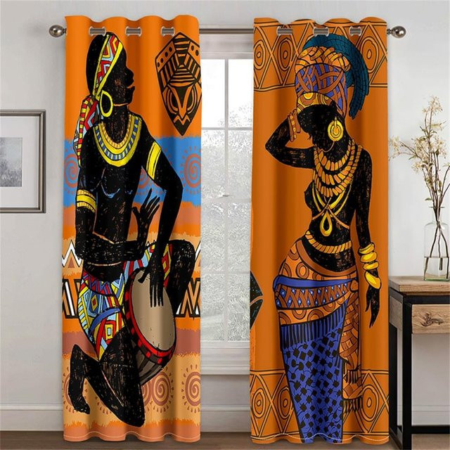 2er-Set 3D Vorhang mit abstraktem Wolf und Frau Muster, halbtransparent, Mehrfarbig, Breite: 50 cm, Höhe: 130 cm - Bild 1
