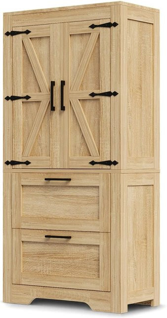 Merax Küchenschrank im Landhausstil aus Naturholz in Braun mit 2 Schubladen und Scheunentor-Türen, B/T/H: 76,0 x 128,0 x 30,0 cm - Bild 1