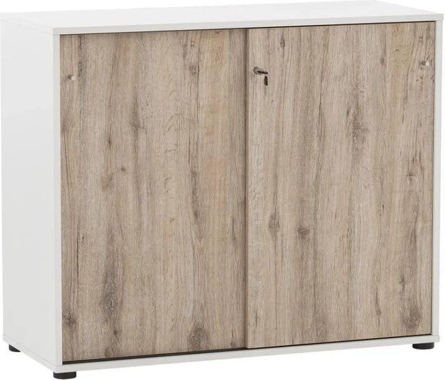 PROREGAL Aktenschrank Pigeon Large in Weiß und Eiche mit 2 abschließbaren Schiebetüren, H x B x T: 83,6 x 100 x 41 cm - Bild 1