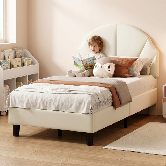 Anajqaqia Einzelbett für Kinder in Beige mit gepolstertem Samt-Rahmen und wellenförmigem Kopfteil, B/T: 90 x 200 cm - Bild 1