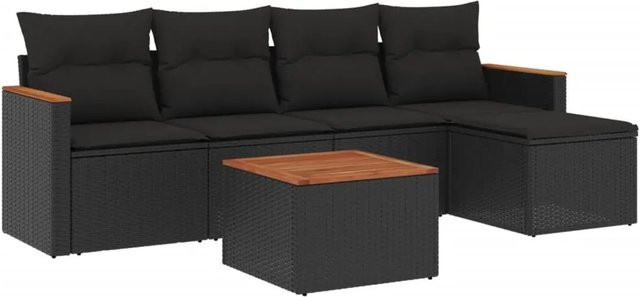vidaXL 6-tlg Garten-Sofagarnitur aus Poly-Rattan und Akazienholz in Schwarz mit Kissen - Bild 1