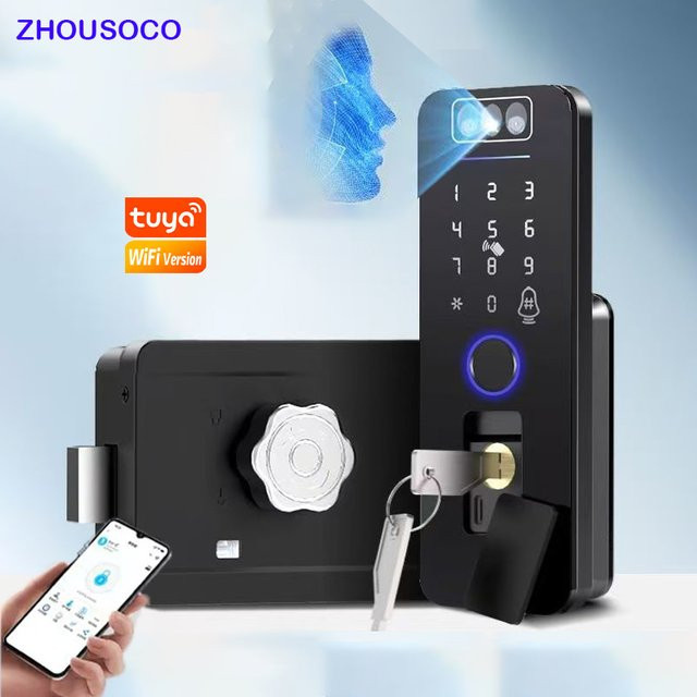 Intelligentes elektronisches Türschloss mit Fingerabdruck-Sperre, 3D-Gesichtserkennung, Tuya WiFi-App, Passcode und RFID-Karte, wasserdichtes Außentor, Farbe: Schwarz - Bild 1