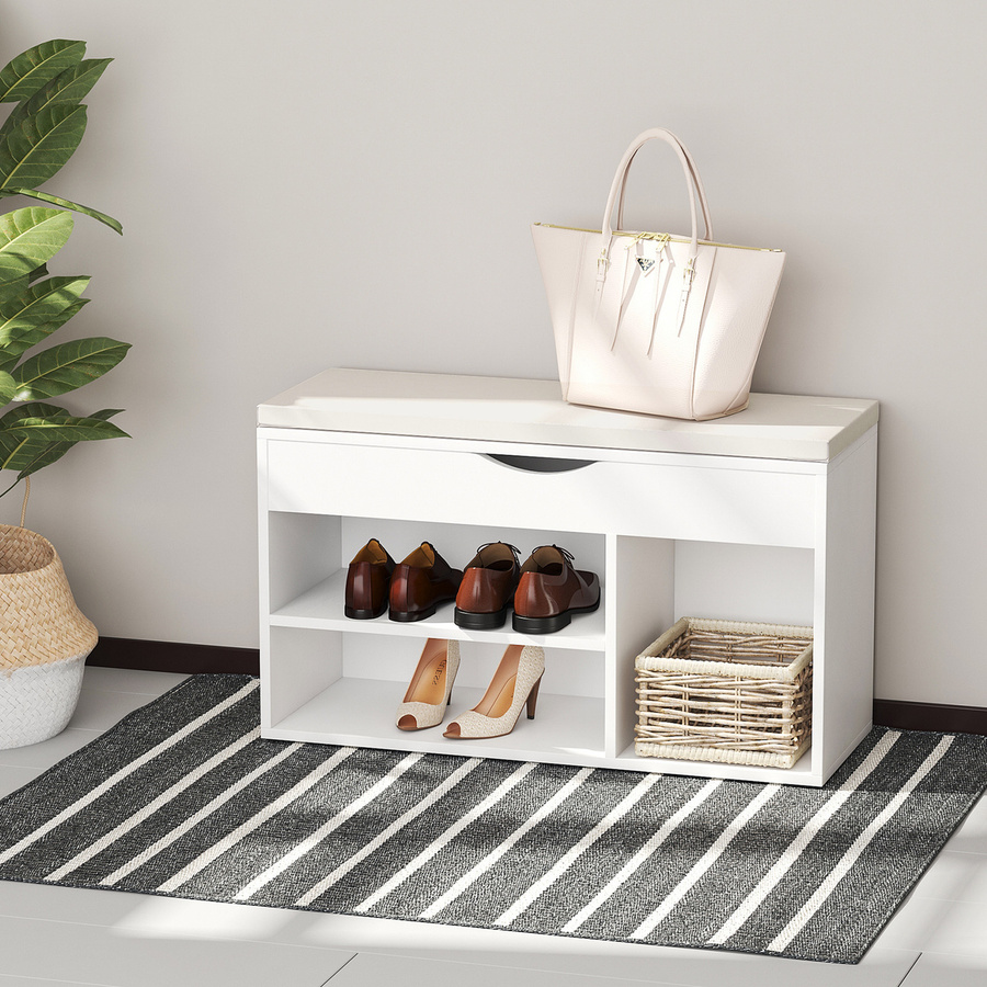 Aosom Schuhbank für den Eingangsbereich in Weiß mit gepolsterter Sitzfläche und Regalfächern, B/T/H: 80 x 30 x 47 cm - Bild 2